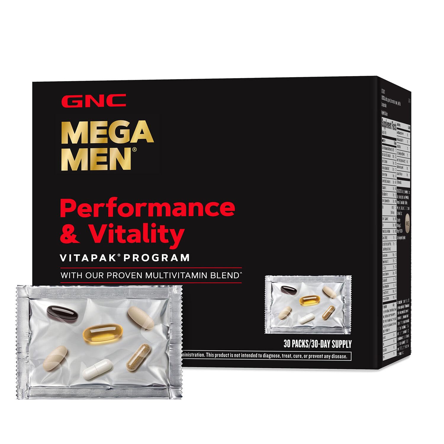 GNC Mega Men Vitapak bottle front view for on-the-go daily nutrition