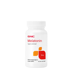GNC Melatonin 5mg bottle shown, supports restful sleep and a simple nightly routine.