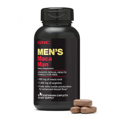 GNC Men's Maca Man bottle shows capsules for daily nitric oxide support.