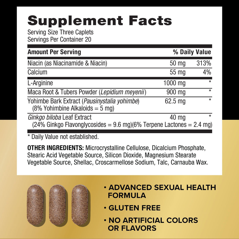 GNC Men's Maca Man label highlights the 900 mg maca and 1000 mg arginine per serving.