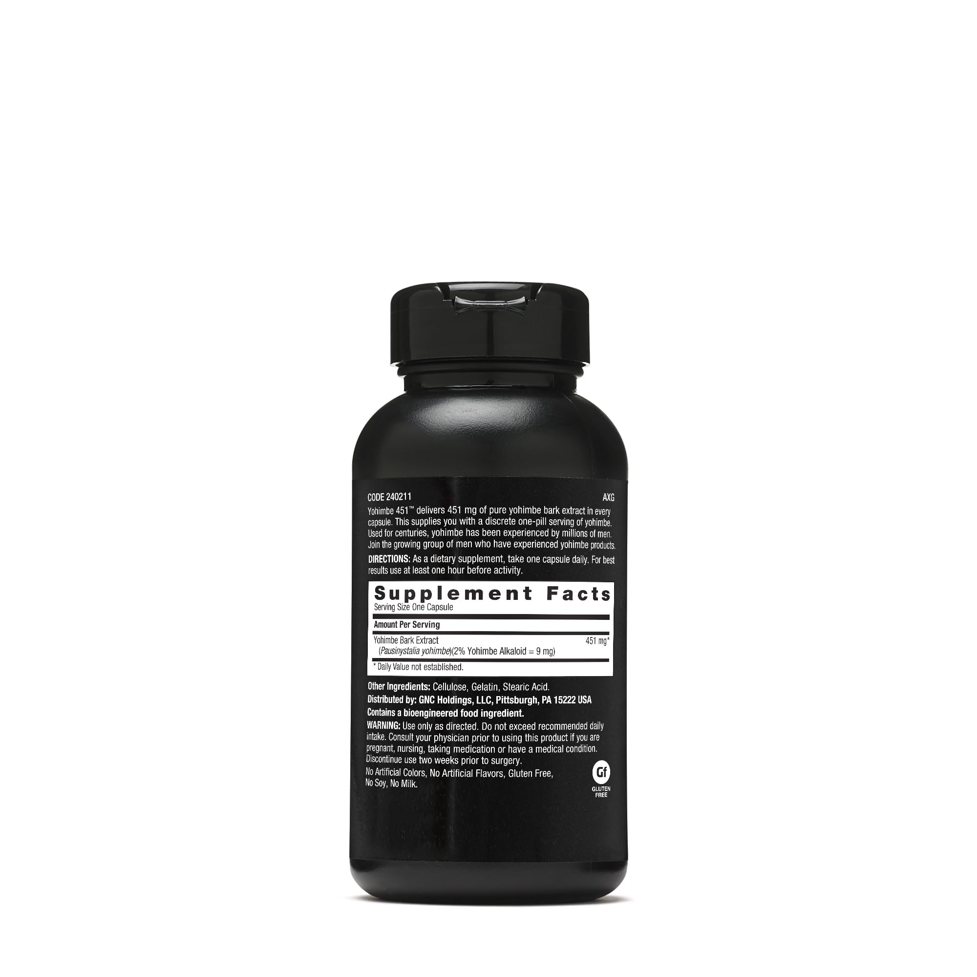 GNC Men's Yohimbe 451 bottle packaging shot emphasizing allergen-free formulation