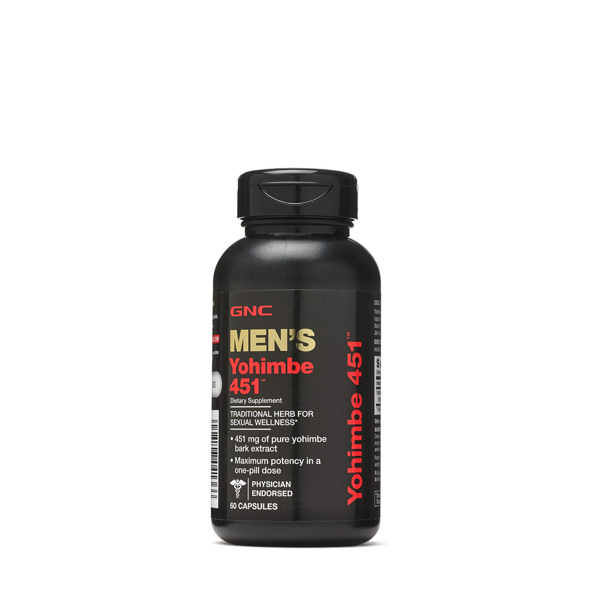 GNC Men's Yohimbe 451 capsules close-up highlighting potent extract for daily vitality