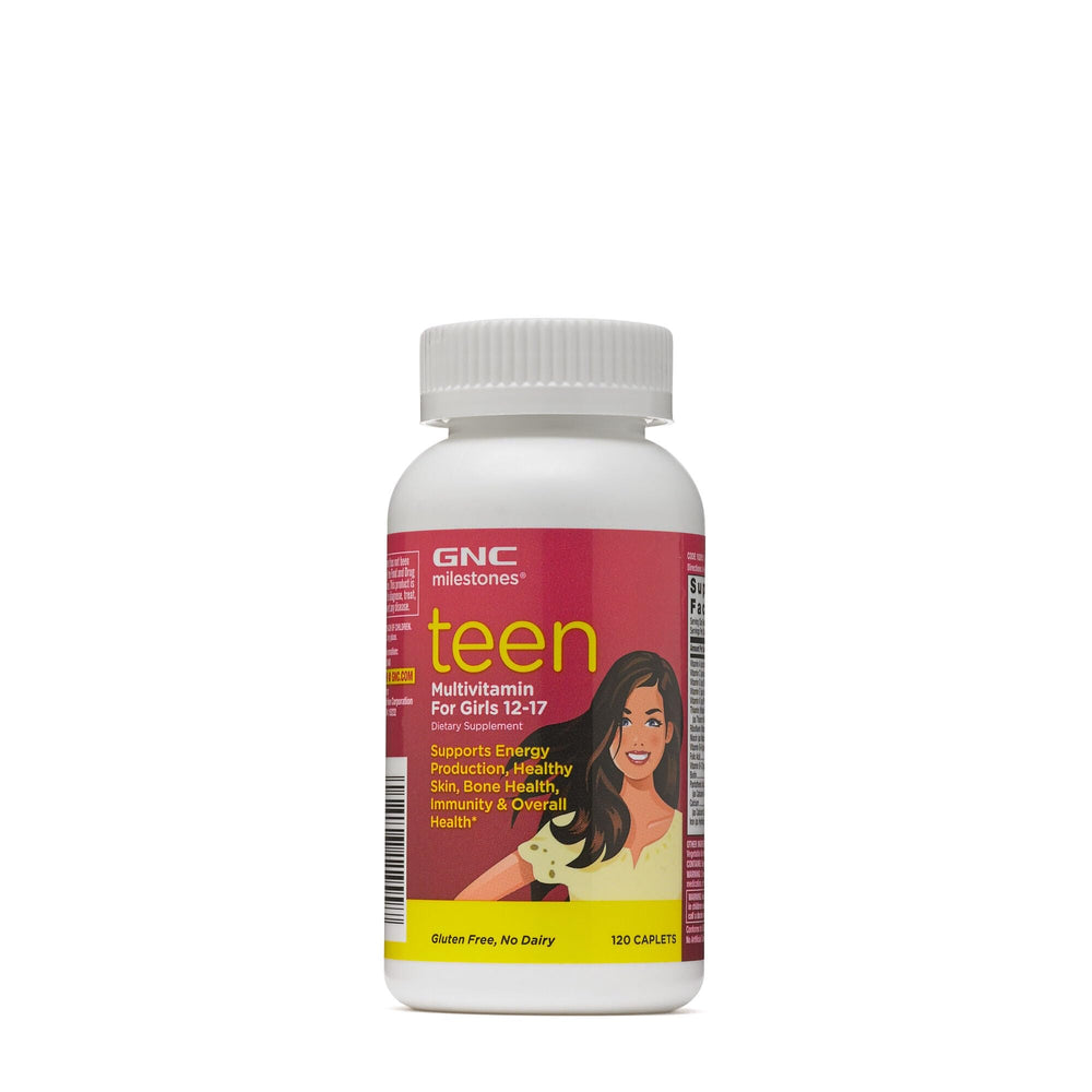GNC Milestones teen multivitamin bottle front view supports energy production.