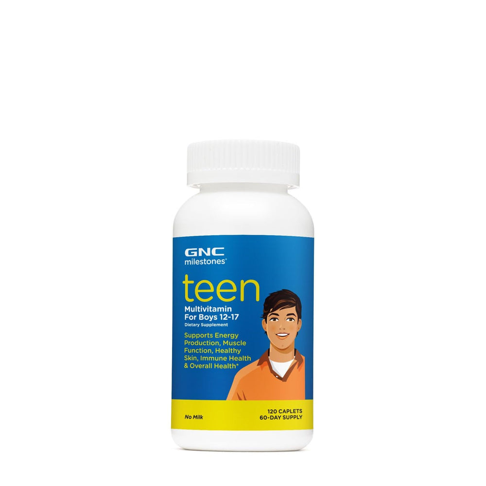 GNC Milestones Teen Multivitamin bottle front view shows the product for boys 12-17