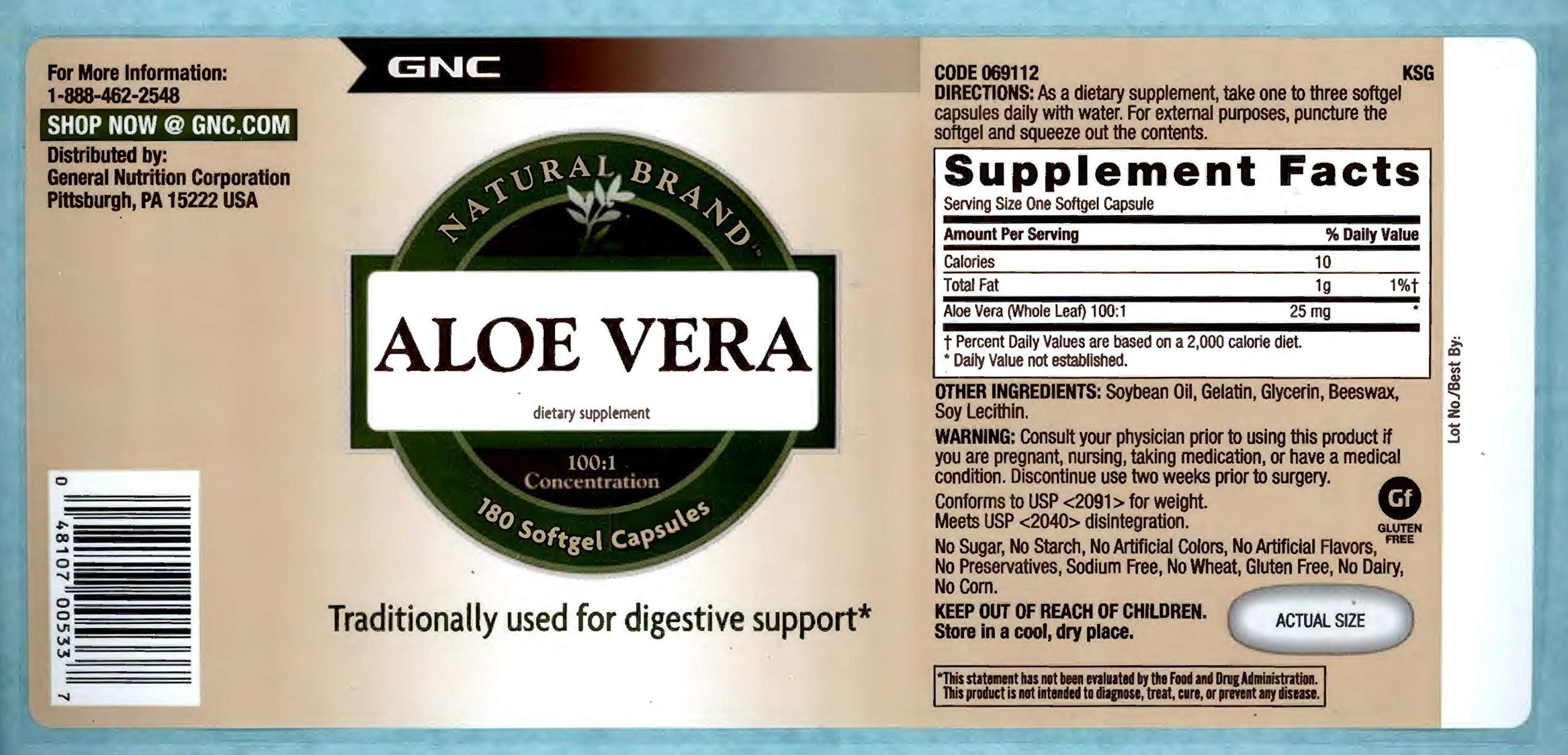 GNC Aloe Vera SoftGel label close-up emphasizes 25 mg per capsule