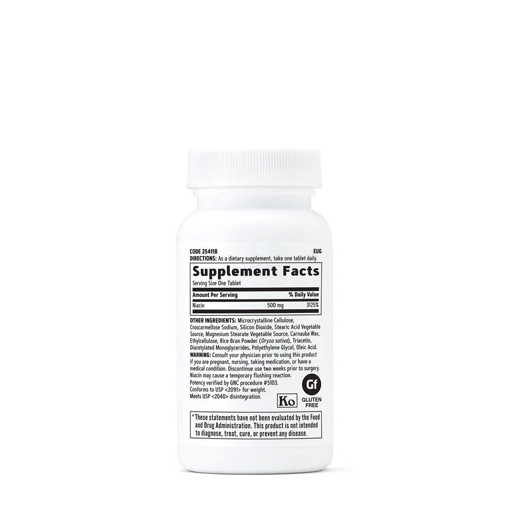 Closeup of GNC Niacin 500mg vegetarian tablets ready for daily use