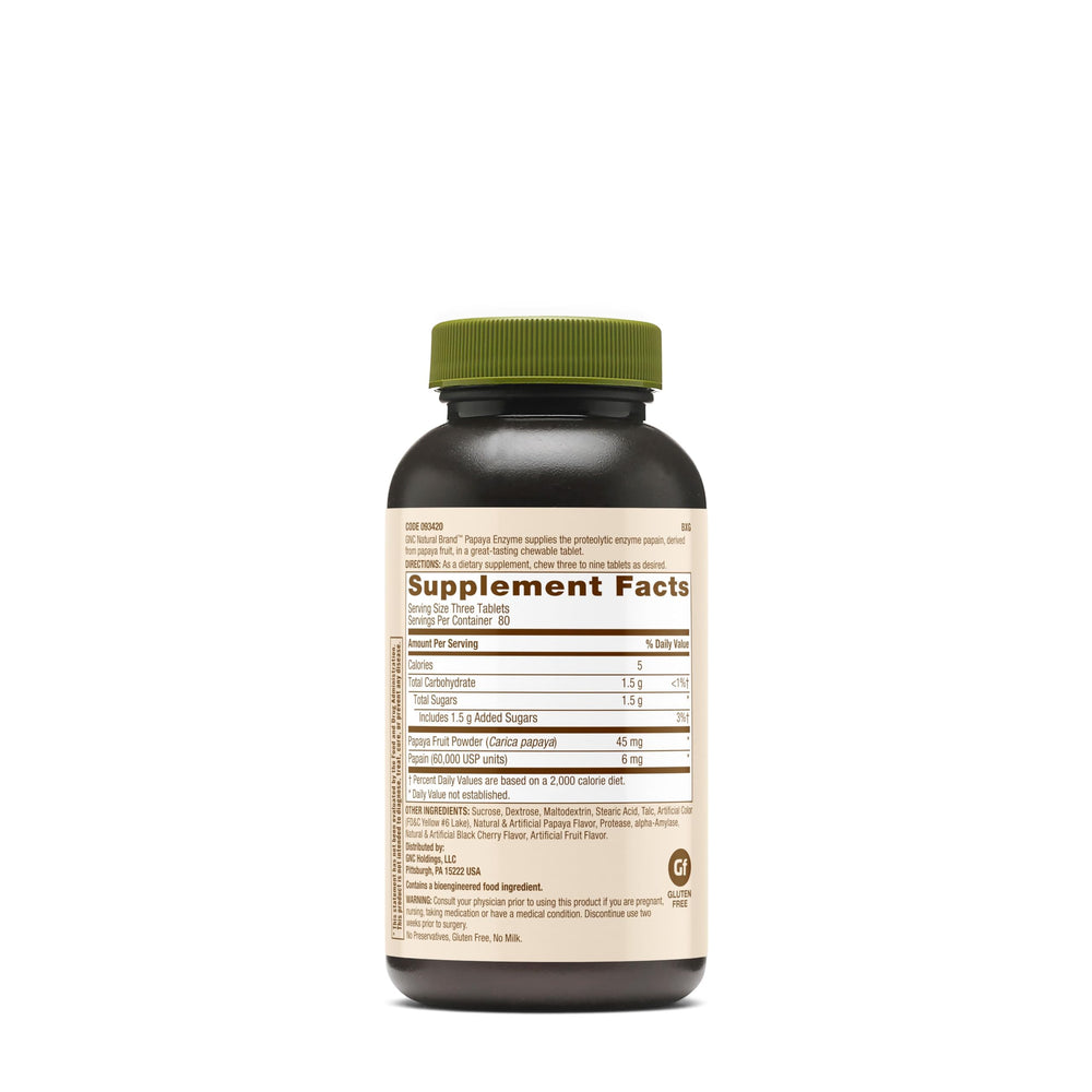 GNC Papaya Enzyme chewable tablets highlighting convenient, on-the-go digestive support.