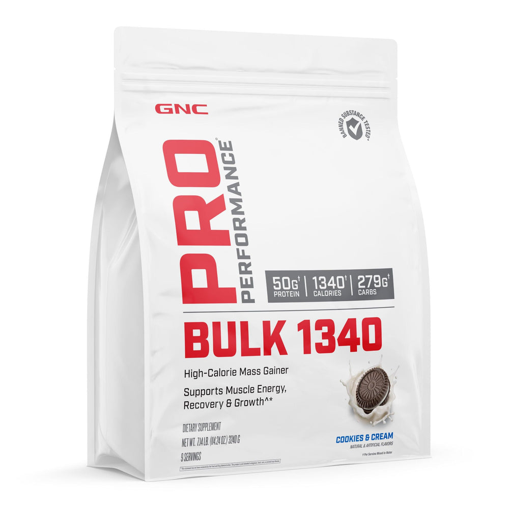 GNC Pro Performance Bulk 1340 cookies and cream bottle; high-calorie option for intense workouts.