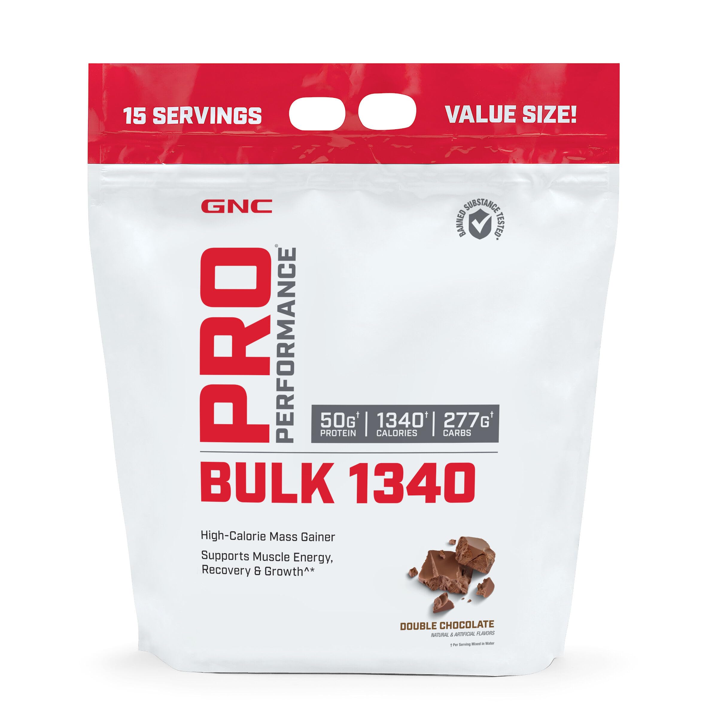 GNC Pro Performance Bulk 1340 bottle front highlighting mass gainer packaging and calories