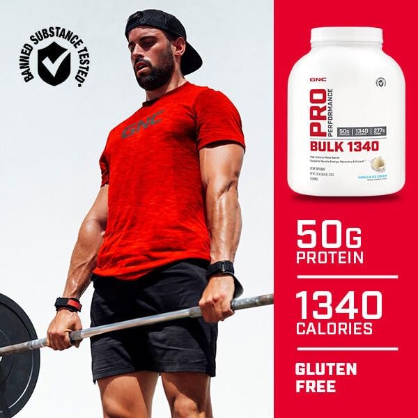 GNC Pro Performance Bulk 1340 gym shot suggests on-the-go fueling.