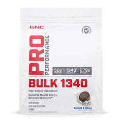 GNC Pro Performance Bulk 1340 nutrition label close-up shows calories and protein.