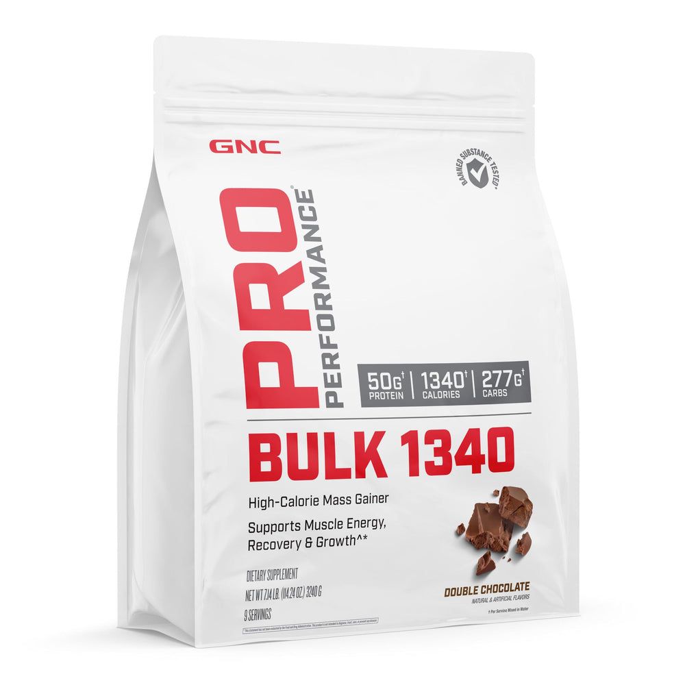 GNC Pro Performance Bulk 1340 mass gainer on a dark shelf image for strong shelf presence