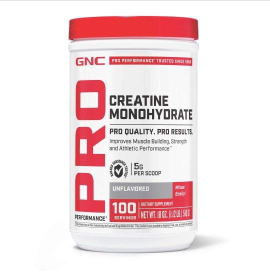 GNC Pro Performance Creatine Monohydrate powder bottle on a gym bench for intense workouts.