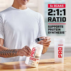 GNC Pro Performance Essential Amino Complete label close-up with electrolyte and amino content.
