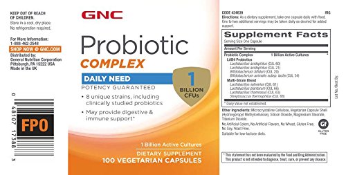 GNC Probiotic Complex capsules close-up promotes gut balance and daily immune support.