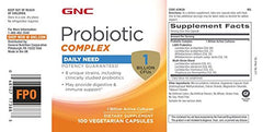 GNC Probiotic Complex capsules close-up promotes gut balance and daily immune support.