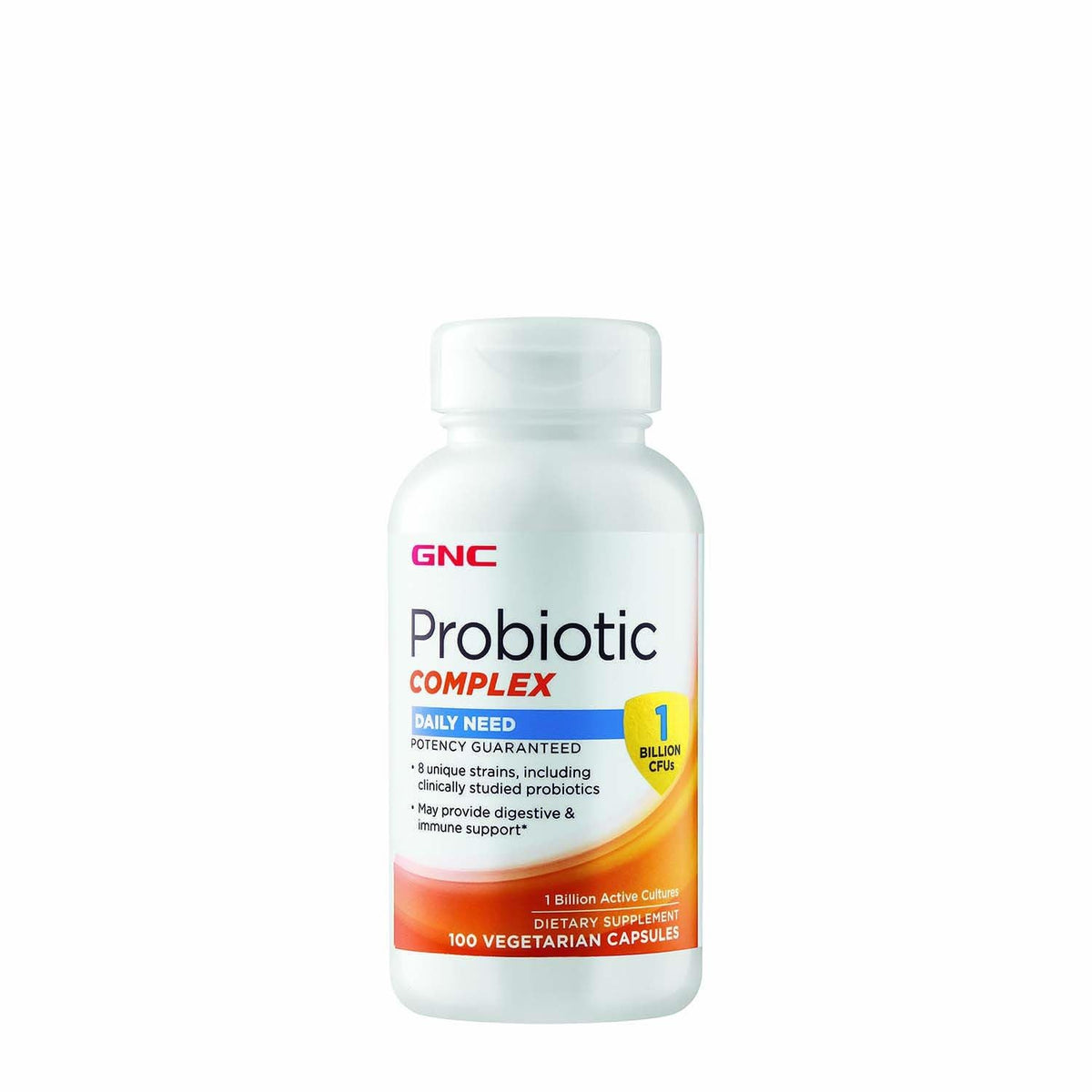 GNC Probiotic Complex daily need bottle view highlighting 1 billion CFU potency for digestive support.
