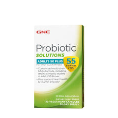 GNC Probiotic Solutions Adults 50+ bottle showing 55 billion live cultures for digestion.