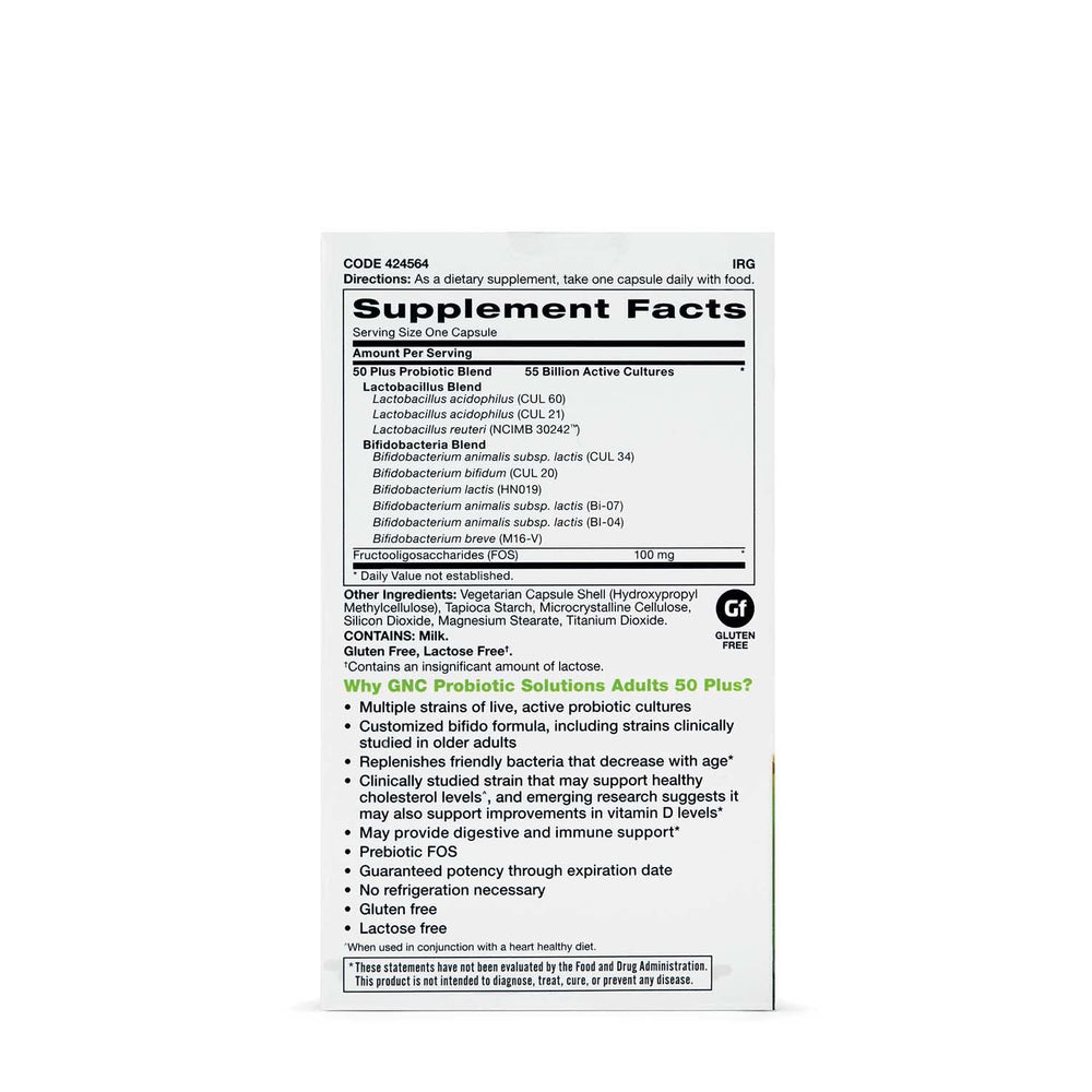 GNC Probiotic Solutions Adults 50+ capsules illustrating daily use for immune support.