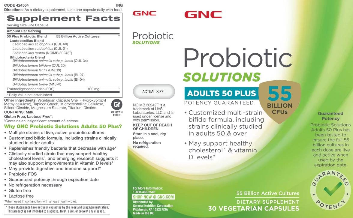 GNC Probiotic Solutions Adults 50+ label highlighting 55 billion cultures and vegetarian formula.