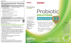 GNC Probiotic Solutions Adults 50+ label highlighting 55 billion cultures and vegetarian formula.