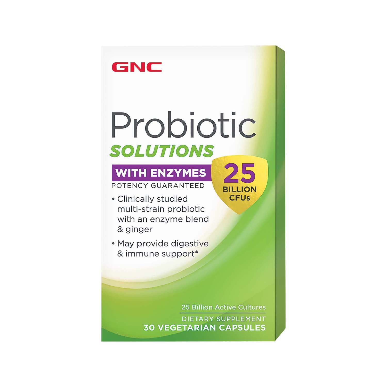 GNC Probiotic Solutions with Enzymes bottle shows 30 capsules for daily digestive support.