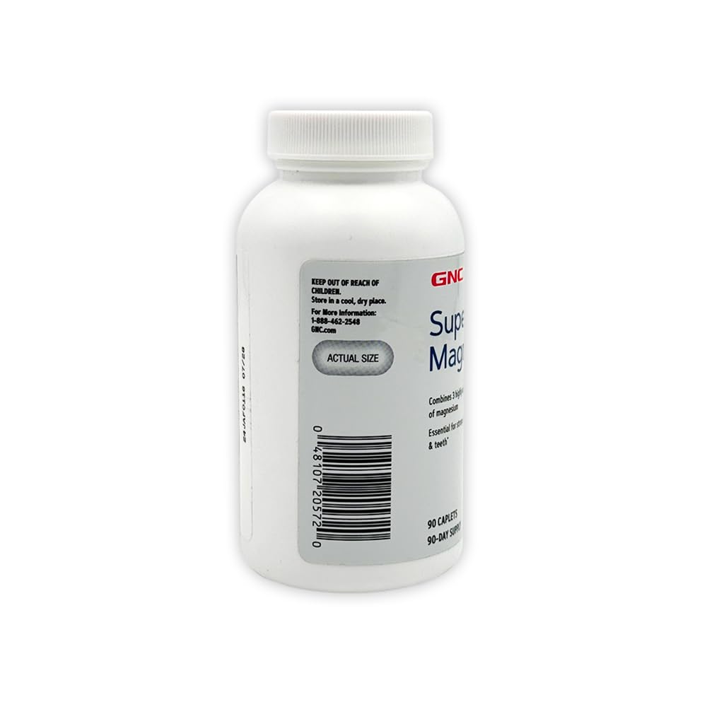 GNC Super Magnesium 400mg caplets close-up highlighting easy-to-swallow design for daily routine