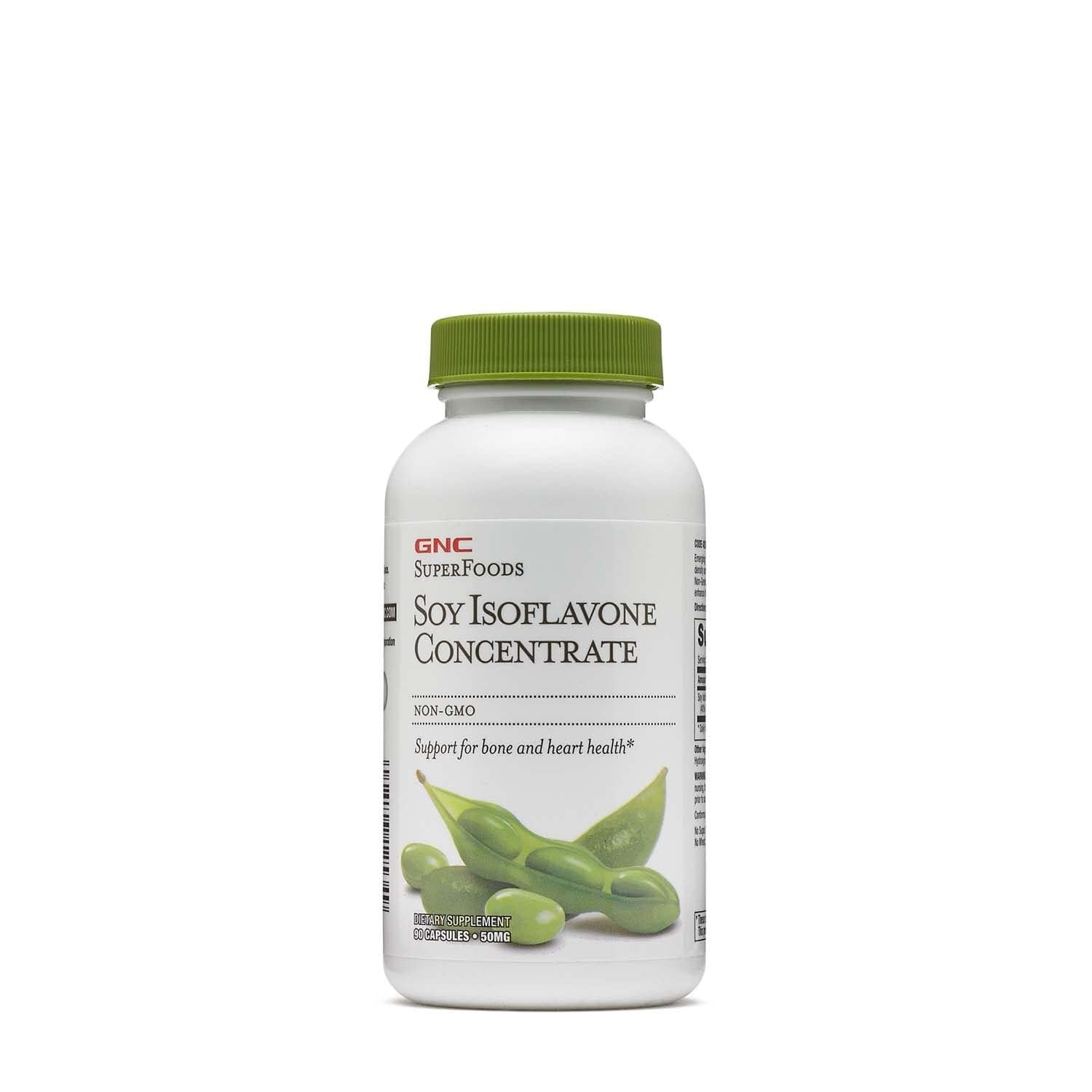 GNC SuperFoods Soy Isoflavone Concentrate bottle supports bone health and easy daily use