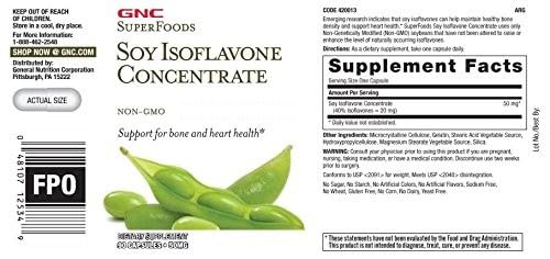 GNC SuperFoods Soy Isoflavone Concentrate label shows Non-GMO soy and gluten-free notes