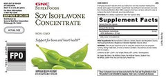 GNC SuperFoods Soy Isoflavone Concentrate label shows Non-GMO soy and gluten-free notes