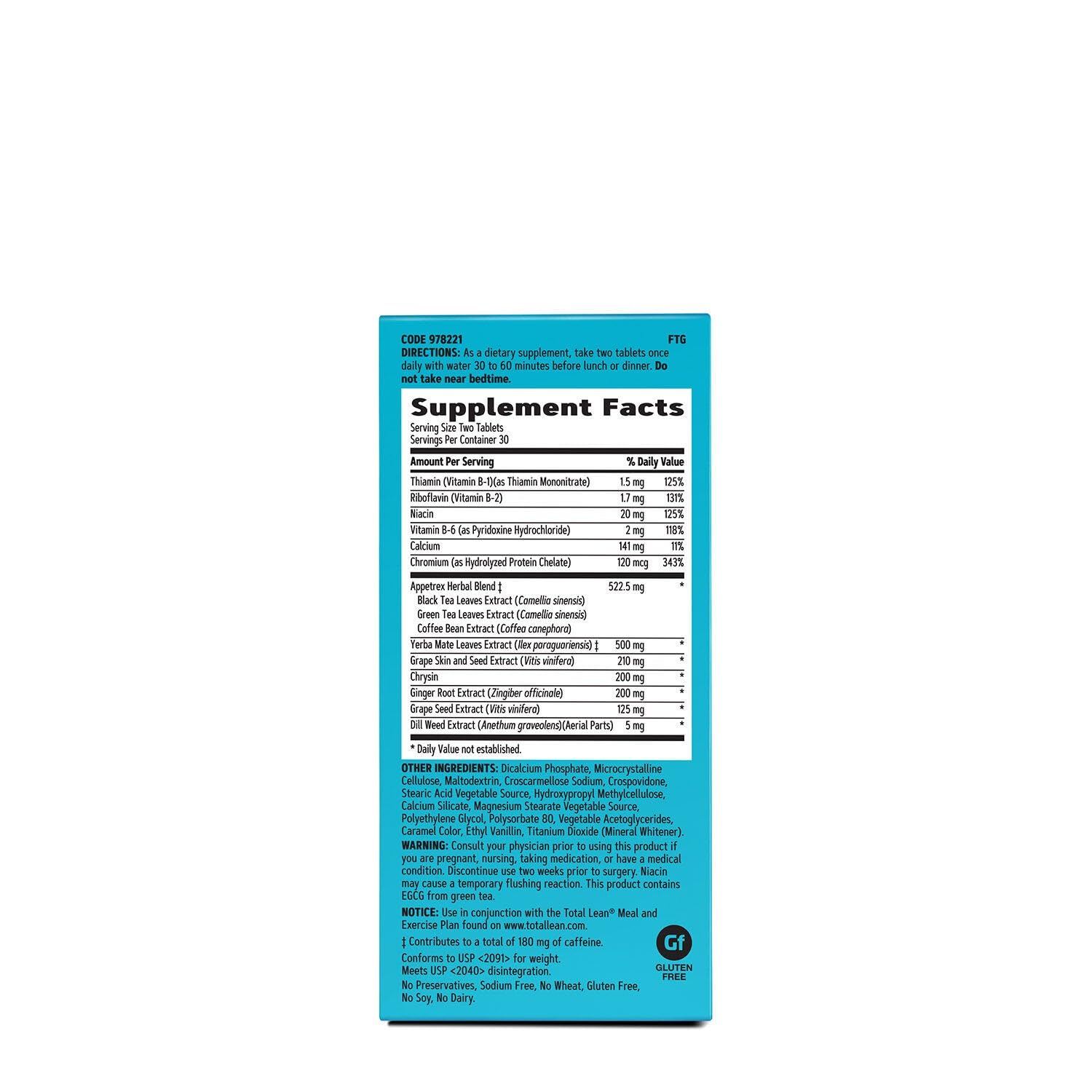 GNC Total Lean Appetrex Control tablets close-up for convenient daily supplementation.
