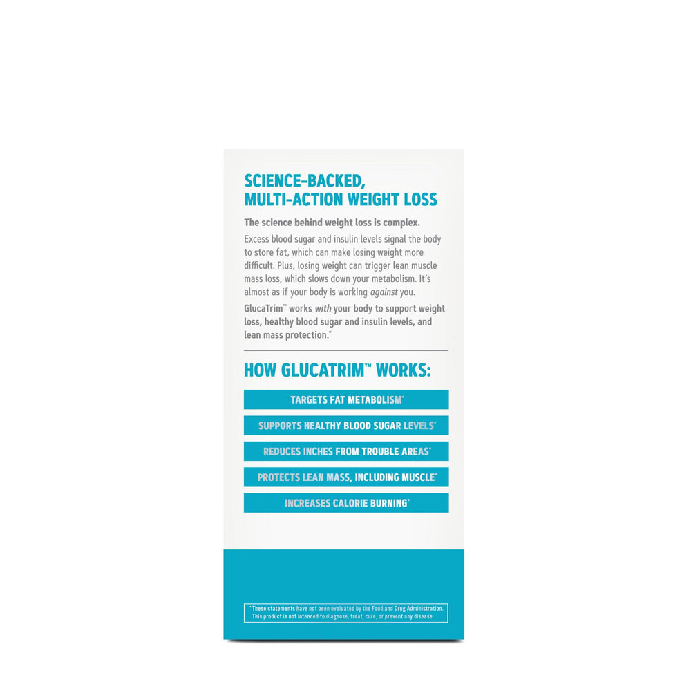 GNC Total Lean GlucaTrim bottle back with ingredients and dosage guidance.