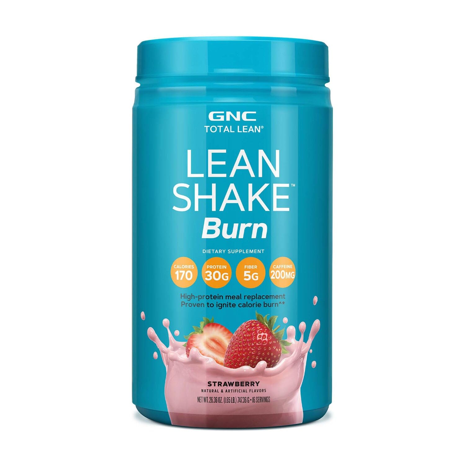GNC Total Lean Lean Shake Burn bottle close-up, strawberry flavor, supports appetite control.
