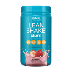 GNC Total Lean Lean Shake Burn bottle close-up, strawberry flavor, supports appetite control.