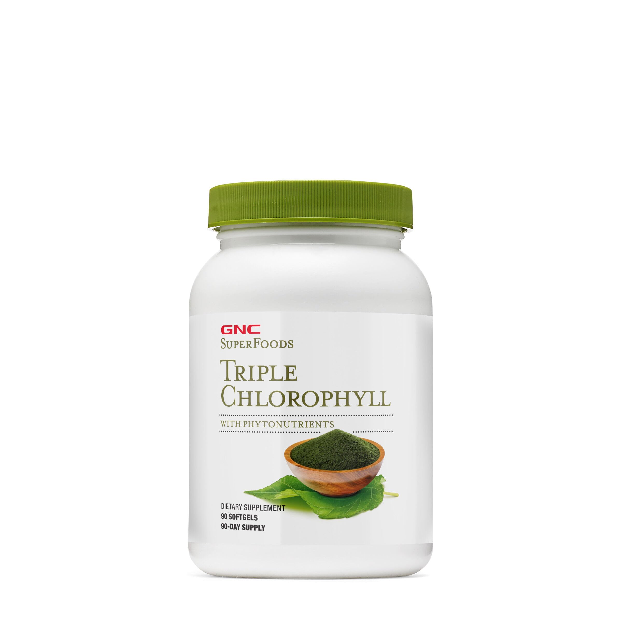 GNC Triple Chlorophyll softgel bottle shows 60 mg chlorophyll per capsule for daily support.