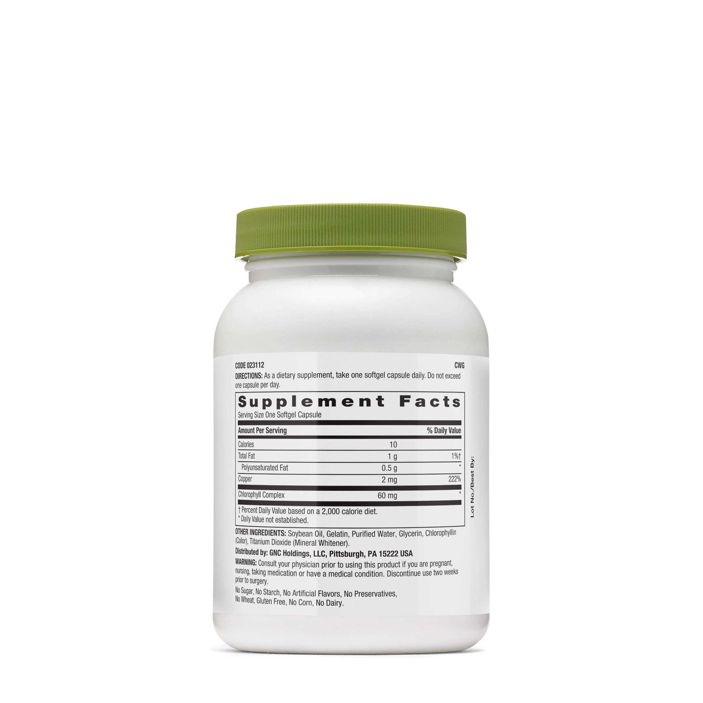 GNC Triple Chlorophyll softgel closeup of label highlights a clean, gluten-free formula.