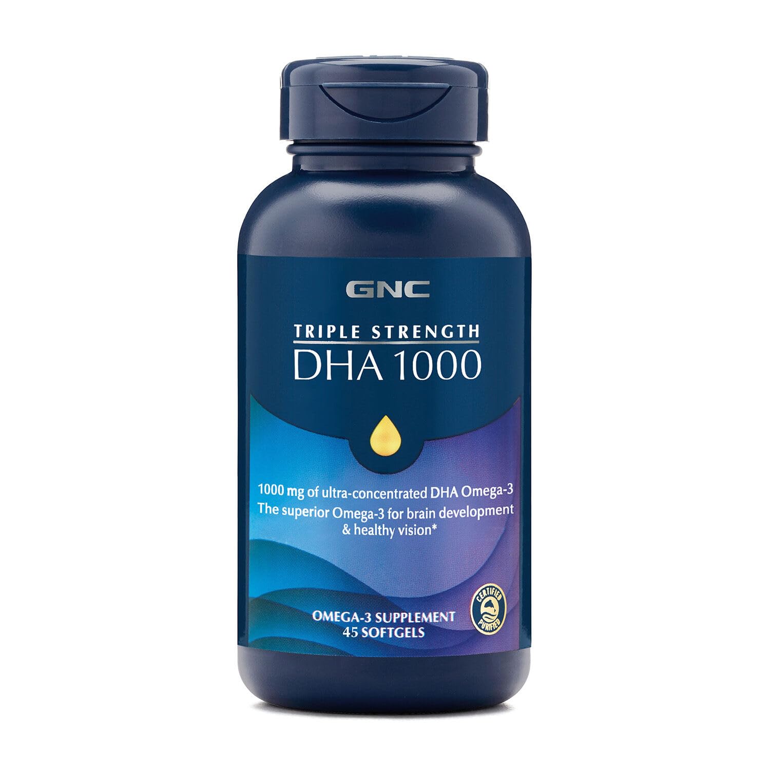 GNC Triple Strength DHA 1000 bottle front—potential support for brain health and vision.