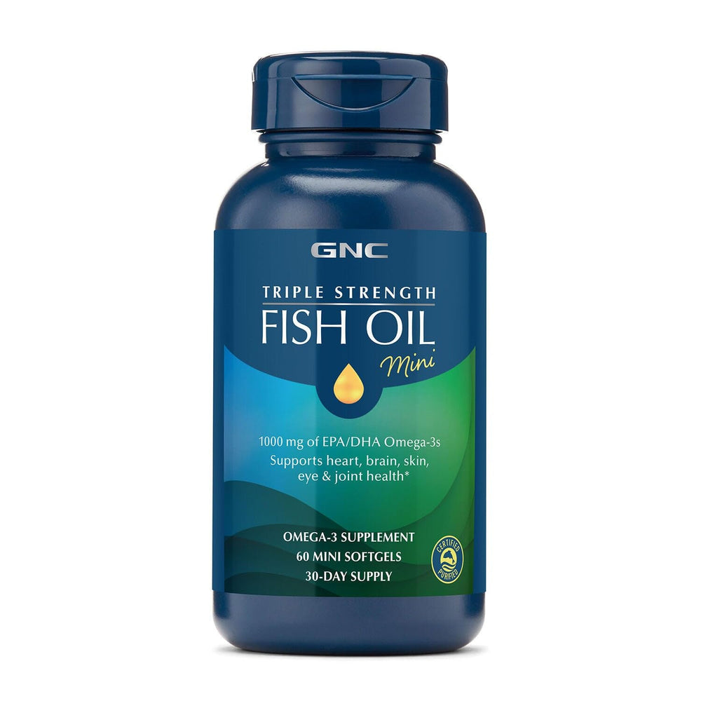 GNC Triple Strength Fish Oil mini softgels bottle for daily omega-3 convenience