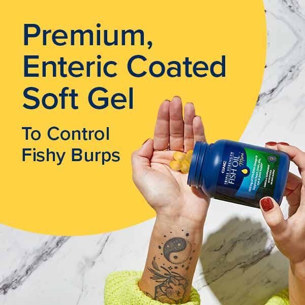 GNC Triple Strength Fish Oil bottle in a morning routine setup.