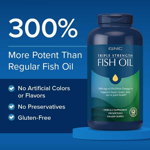 GNC Triple Strength Fish Oil during morning routine with glass of water