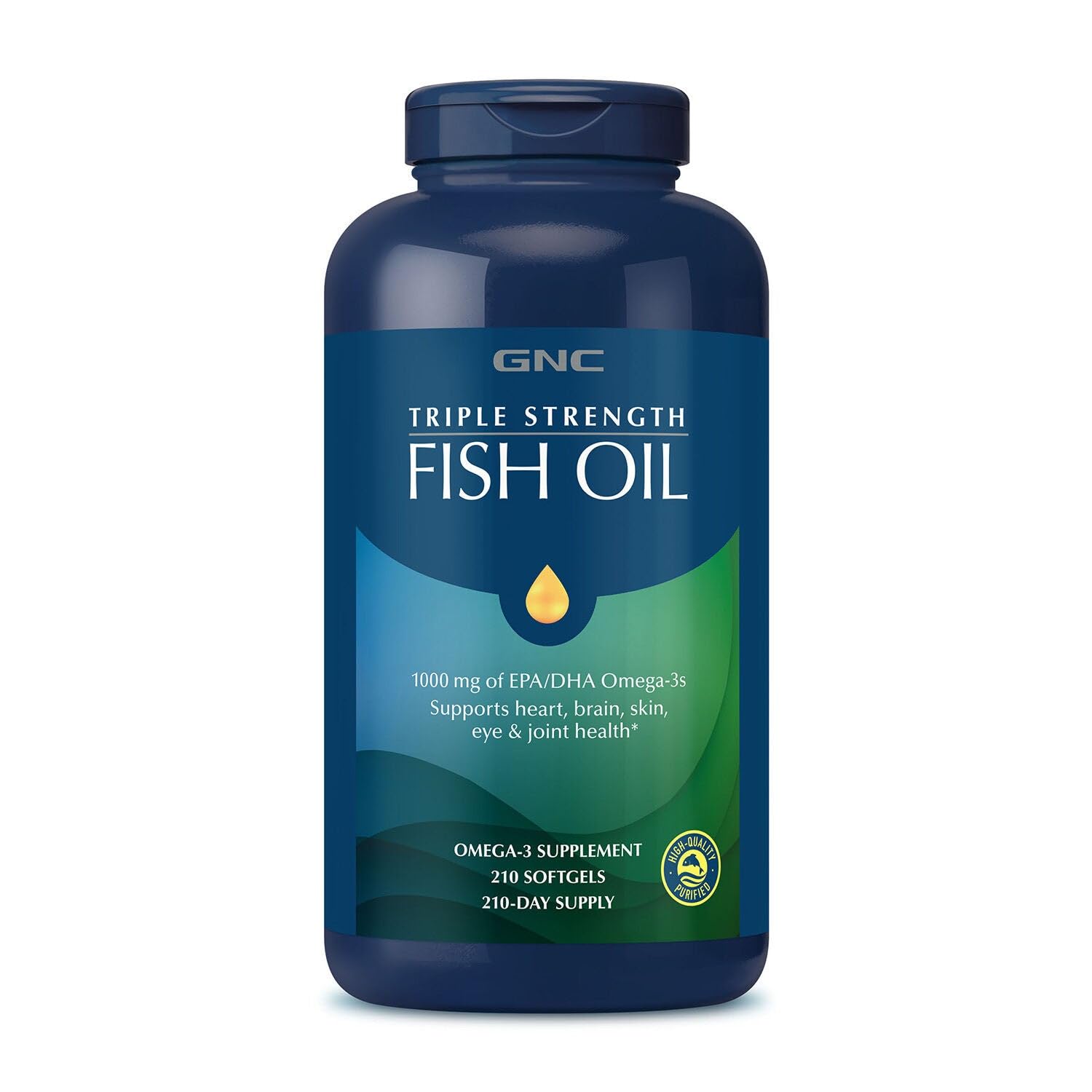 GNC Triple Strength Fish Oil bottle highlighting potential heart health benefits