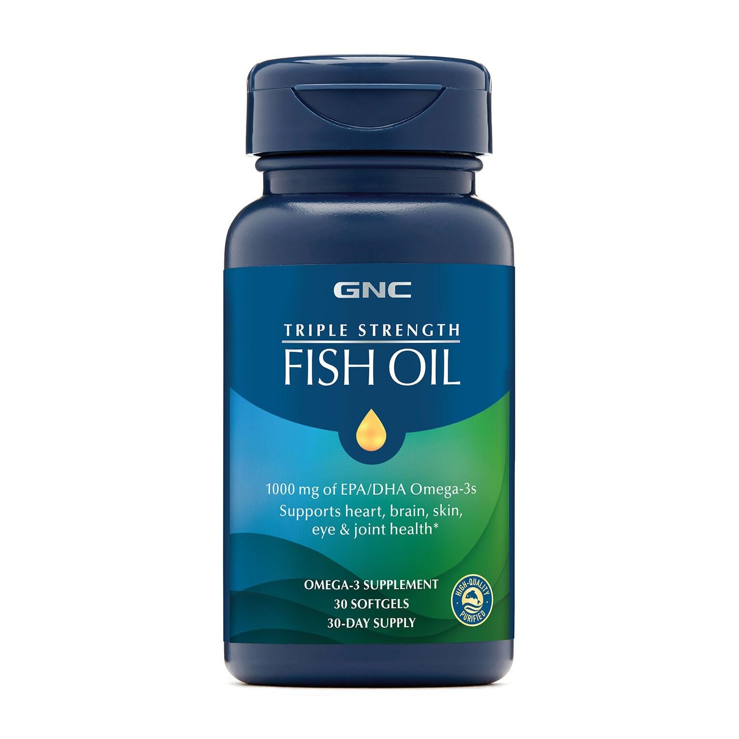 GNC Triple Strength Fish Oil softgels bottle for daily omega-3 support.