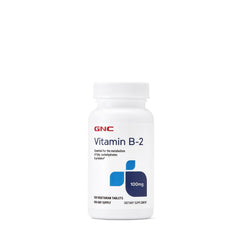 GNC Vitamin B2 100mg bottle shows the label and metabolism support.