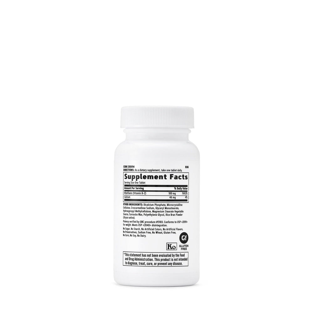 GNC Vitamin B2 100mg tablets close-up reveals crisp daily pills.
