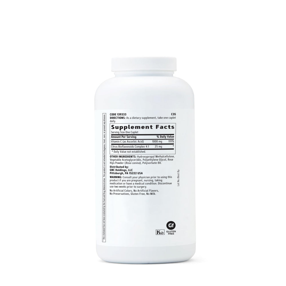 GNC Vitamin C 1000mg immune-support bottle highlighting citrus bioflavonoids benefits.