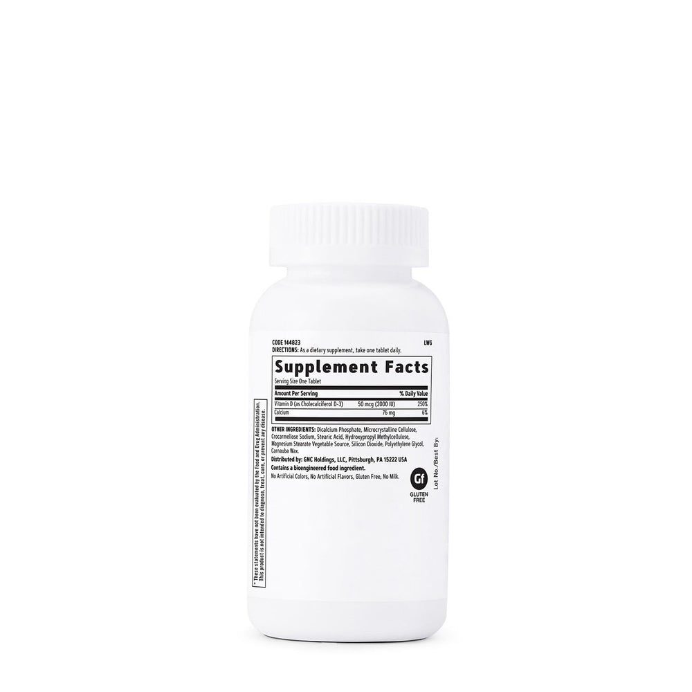 GNC Vitamin D3 tablets shown in bottle for easy daily intake.