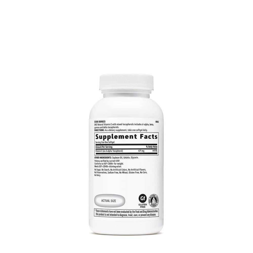 Closeup of GNC Vitamin E softgels for daily antioxidant support