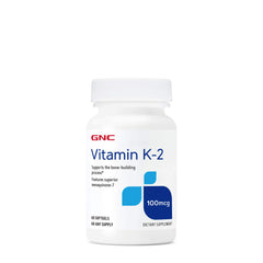 GNC Vitamin K-2 100mcg softgel bottle front view for bone-supporting nutrition