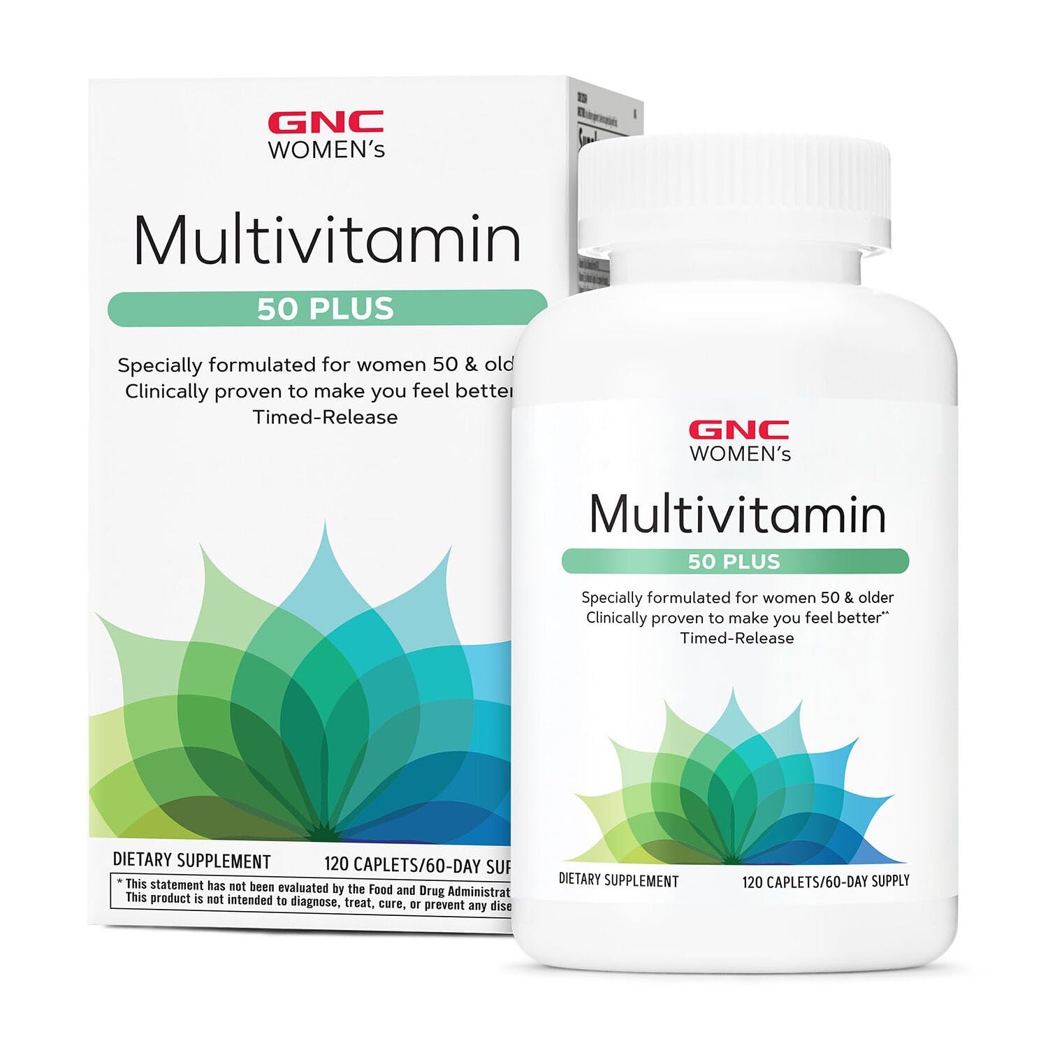 GNC Womens 50+ multivitamin bottle front view supports daily energy and immune health