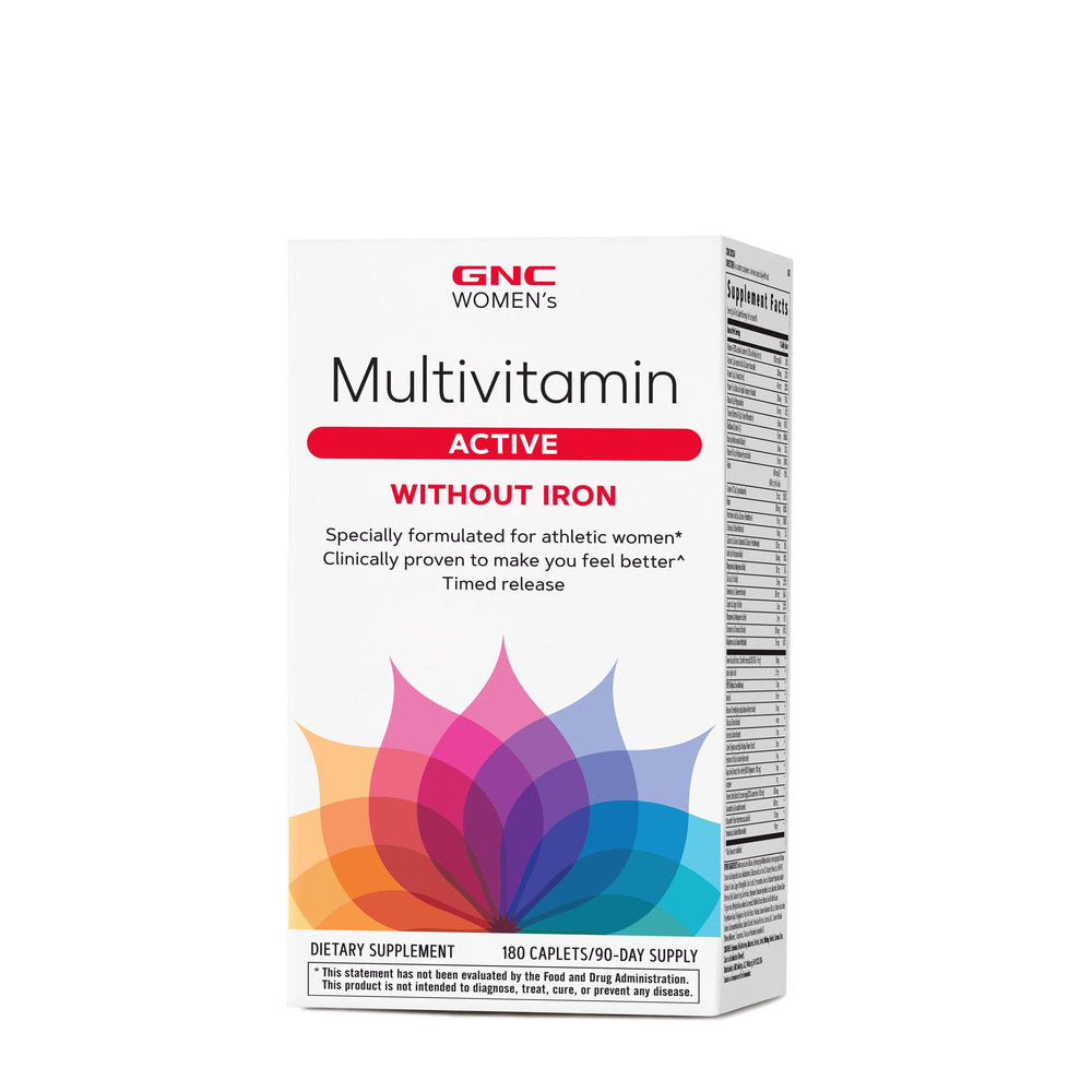 GNC Women's Active Without Iron bottle with caplets supports energy and bone health.